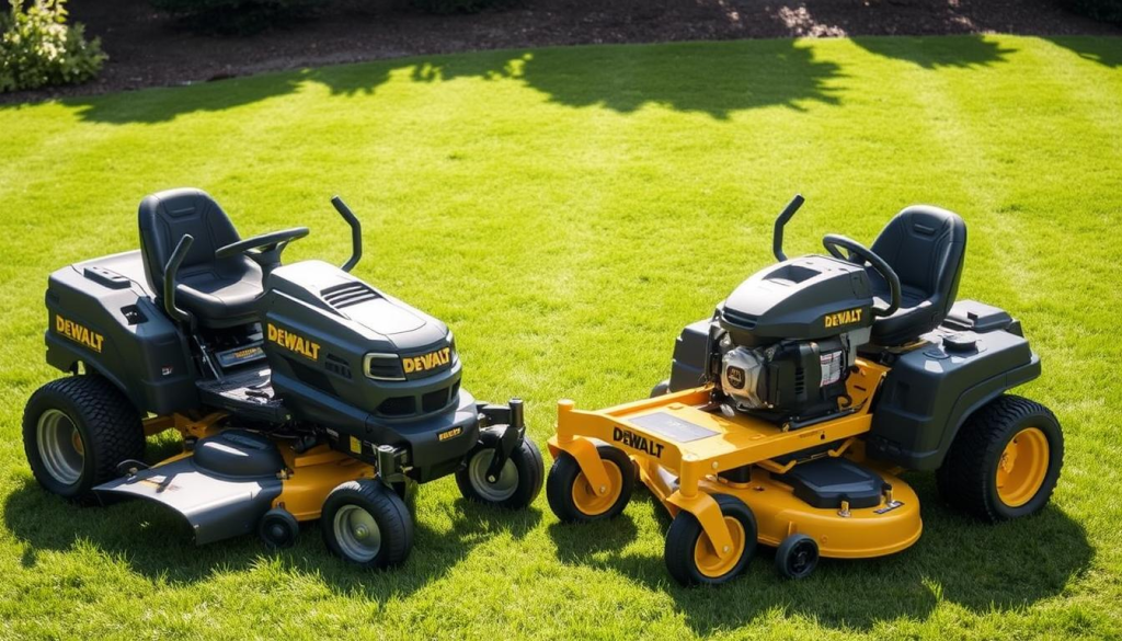 A well-lit outdoor scene showcasing a head-to-head comparison of a DEWALT electric zero turn mower and a gas-powered counterpart. The electric mower, with its sleek design and modern aesthetic, is positioned prominently in the foreground, its battery-powered motor humming silently. In the middle ground, the gas-powered mower stands in contrast, its engine roaring to life. The background features a lush, manicured lawn, accentuating the mowers' performance capabilities. The lighting is natural and soft, highlighting the distinct textures and materials of the machines. The camera angle is slightly elevated, providing an overhead perspective that allows the viewer to appreciate the scale and design of the mowers.