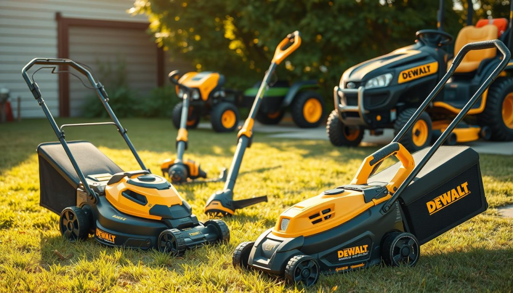 A well-lit outdoor scene showcasing a variety of DEWALT yard equipment. In the foreground, a high-powered DEWALT cordless lawn mower and leaf blower stand ready to tackle landscaping tasks. The middle ground features a DEWALT string trimmer and hedge trimmer, their sleek designs hinting at their power and precision. In the background, a DEWALT ride-on mower and garden tractor are parked, their bold yellow accents capturing the eye. The entire composition is bathed in warm, golden sunlight, conveying a sense of quality, efficiency, and ease of use that embodies the DEWALT brand. The scene exudes an aura of rugged reliability, perfectly suited to tackle any outdoor chore with confidence.