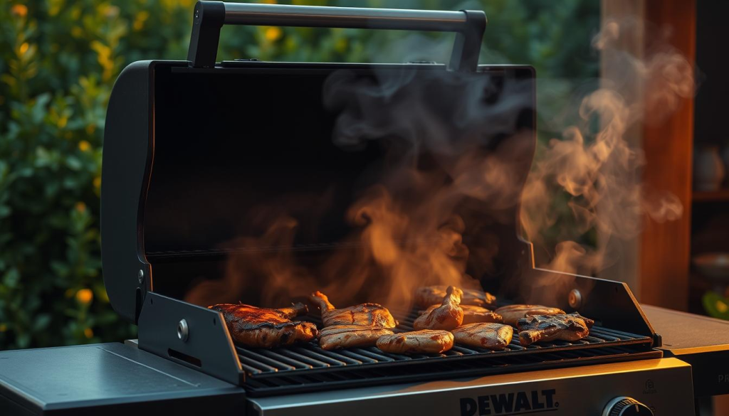 A well-lit outdoor scene, with a DEWALT grill prominently featured in the foreground, billowing smoke rising from the grill grates as it cooks an array of succulent meats. The grill is positioned against a backdrop of lush greenery, creating a rustic, backyard ambiance. The lighting is a warm, golden hue, casting a cozy glow over the scene. The camera is positioned at a slightly elevated angle, capturing the grill from a three-quarter view to showcase its sturdy, industrial design. The meats on the grill are sizzling and caramelized, their aroma wafting through the air, inviting the viewer to imagine the delicious flavors. The overall atmosphere is one of refined outdoor cooking, where the DEWALT grill effortlessly elevates the backyard grilling experience.