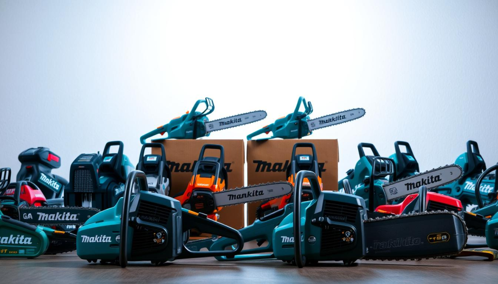 A well-lit product comparison scene featuring several Makita gas chainsaws in the foreground, surrounded by a selection of competitor models. The Makita chainsaws are displayed prominently, showcasing their sleek designs and powerful features. In the background, a clean, minimalist environment with a subtle gradient or textured wall provides a simple, uncluttered backdrop to emphasize the products. Soft, directional lighting accentuates the details and highlights the differences between the Makita and competitor models. The overall composition is balanced and visually appealing, inviting the viewer to closely examine and compare the key characteristics of the Makita gas chainsaws.