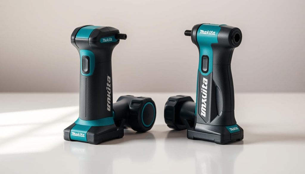 A well-lit product comparison shot showcasing two Makita tire inflators side-by-side on a clean, minimalist workspace surface. The inflators are displayed from an angle that highlights their sleek, modern designs, with a sense of symmetry and attention to detail. The lighting is balanced, casting subtle shadows that accentuate the contours and textures of the devices. The background is a soft, neutral tone that allows the products to take center stage. The overall mood is professional, informative, and inviting, reflecting the high-quality nature of the Makita brand.