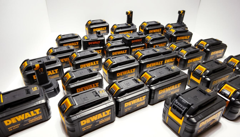 A well-lit product display showcasing a collection of DEWALT battery packs, each meticulously detailed with intricate textures and shiny metallic finishes. The batteries are arranged in a visually appealing grid, with a slight perspective to create depth and a sense of three-dimensionality. The background features a clean, minimalist environment, perhaps a white studio backdrop or a nondescript retail setting, allowing the batteries to take center stage. Subtle shadows and highlights accentuate the volumetric forms, while the overall lighting creates a professional, high-quality aesthetic suitable for a product review or customer ratings feature.