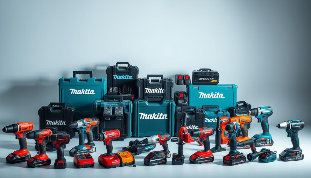 A well-lit, professional-grade product photography setup showcases an array of premium Makita power tools and accessories against a sleek, minimalist backdrop. The foreground features a selection of cordless drills, impact drivers, and grinders in vibrant hues, meticulously arranged to highlight their ergonomic designs and state-of-the-art features. The middle ground incorporates Makita's signature teal-and-black color scheme, with tool storage cases and battery packs prominently displayed. In the background, a soft, diffused lighting creates a sense of depth and emphasizes the high-quality craftsmanship of the Makita brand. The overall composition conveys a mood of modern sophistication and the reliable performance Makita is known for.