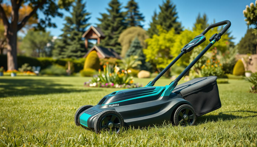 A well-lit, professional photograph of a Makita cordless lawn mower in a lush, verdant backyard. The mower is positioned prominently in the foreground, its sleek design and green-and-black color scheme catching the eye. The middle ground features neatly trimmed grass and a few flowering plants, while the background showcases a picturesque garden setting with towering trees and a clear blue sky. The image conveys a sense of effortless, eco-friendly yard maintenance, highlighting the cordless convenience and power of the Makita electric lawn mower.