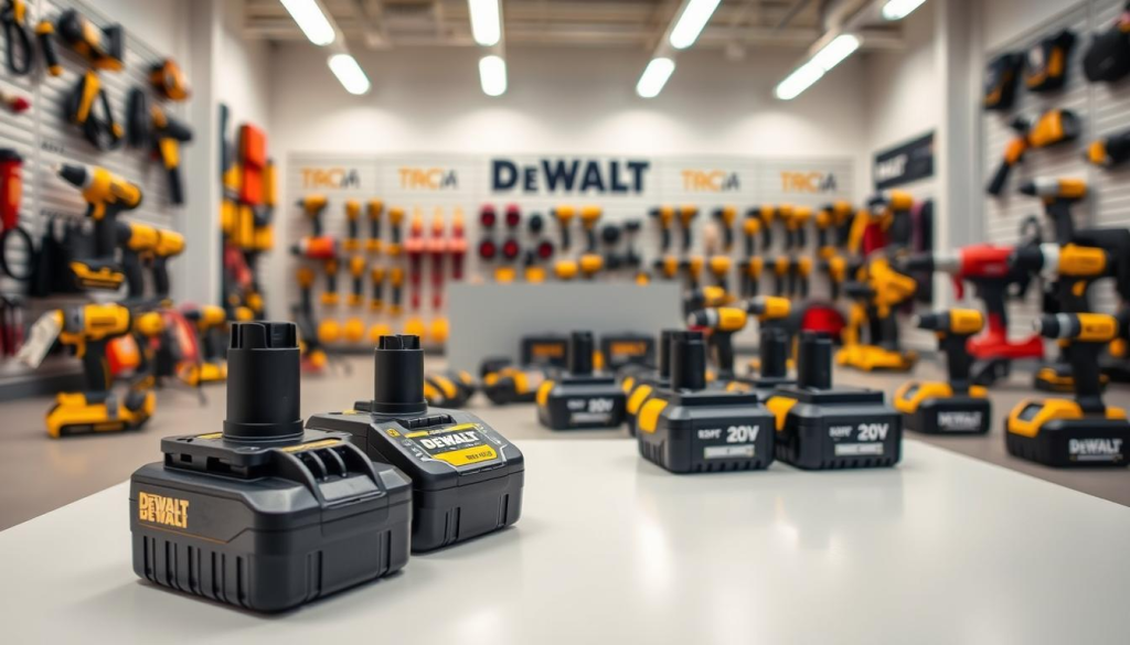 A well-lit retail display showcasing a variety of DEWALT 20V battery packs in the foreground, with various power tools and accessories surrounding them. The batteries should be prominently featured, their sleek black and yellow design standing out against a clean, minimalist backdrop. The middle ground could include shelving or racks to further highlight the batteries, while the background could feature subtle branding or signage hinting at their availability for purchase. The overall scene should convey a sense of professionalism, quality, and ease of accessibility for the DEWALT 20V battery products.