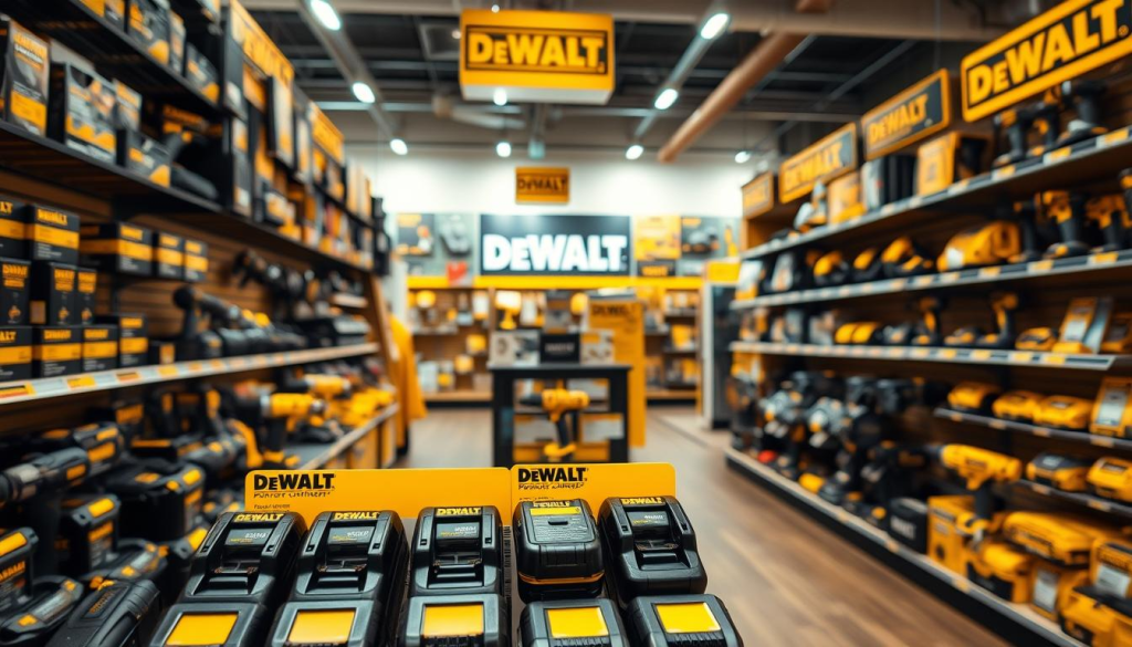 A well-lit retail store interior with shelves stocked full of DEWALT power tool accessories. In the foreground, a prominent display of DEWALT battery chargers in various models and sizes, arranged neatly. The middle ground showcases other DEWALT products like drills, saws, and tool kits. The background depicts the store's branding, signage, and other merchandise. The lighting is warm and inviting, creating a professional, high-quality shopping environment. The camera angle is from a slightly elevated perspective, giving an overall sense of the store's layout and product selection.
