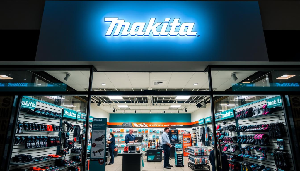 A well-lit retail storefront with a prominent Makita logo illuminated above the entrance. Inside, rows of power tools, accessories, and displays showcasing the brand's lineup. The space is clean, organized, and inviting, with helpful sales staff assisting customers. Large windows allow natural light to stream in, creating a warm, welcoming atmosphere. The overall scene conveys a sense of professionalism and expertise, positioning the establishment as an authorized Makita dealer committed to delivering a high-quality shopping experience.