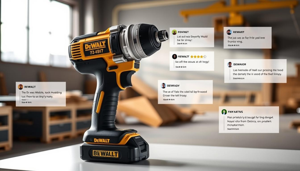 A well-lit review of the DeWalt impact driver, showcasing its robust design and powerful performance. In the foreground, the impact driver is displayed on a clean white surface, its sturdy metal casing gleaming under studio lighting. In the middle ground, a selection of user testimonials and product ratings float around the driver, reflecting a range of satisfied customers. The background features a subtle, blurred landscape of a workshop or construction site, hinting at the real-world applications of this versatile tool. The overall mood is one of professionalism, quality, and customer satisfaction.