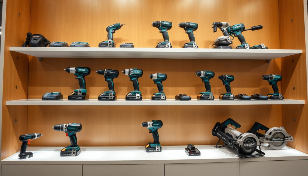 A well-lit showroom display featuring a prominent lineup of Makita power tools, including cordless drills, impact drivers, and circular saws, arranged on sleek, minimalist shelves. The tools are presented with care, showcasing their quality and durability. The background is a warm, neutral color, creating a sense of professionalism and trustworthiness. The lighting is soft and directional, highlighting the tools' features and creating a welcoming, inviting atmosphere. The camera angle is slightly elevated, giving the viewer a sense of authority and reliability. The overall composition conveys a sense of Makita's reputation as a trusted brand for high-quality, reliable power tools.