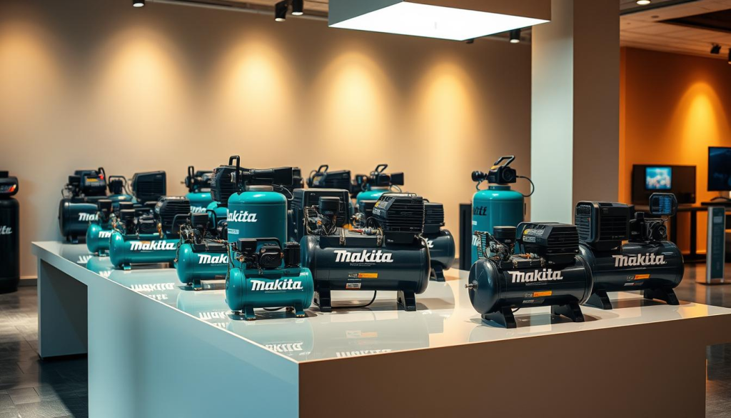 A well-lit showroom display featuring a selection of Makita air compressors, each showcased on a sleek, modern table. The compressors are arranged in a visually pleasing layout, allowing the viewer to easily compare their features and capabilities. The scene is captured from a slightly elevated angle, providing a comprehensive view of the products. The lighting is warm and directional, highlighting the compressors' sturdy construction and premium finishes. The background is a neutral, minimalist setting, allowing the focus to remain on the Makita compressors and their key distinguishing characteristics.