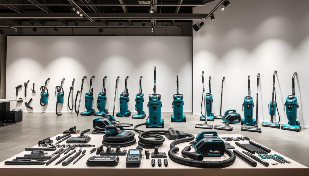 A well-lit showroom display featuring an array of Makita 18V cordless vacuum models. The foreground showcases a variety of vacuum attachments, hoses, and tools neatly arranged. In the middle ground, the main vacuum units are prominently displayed, each with its unique design and features highlighted. The background depicts a clean, minimalist setting with soft lighting, emphasizing the high-quality craftsmanship and attention to detail of the Makita brand. The overall scene conveys a sense of professionalism and thoughtful consideration for the user's needs, guiding the viewer towards the right Makita vacuum model for their specific requirements.