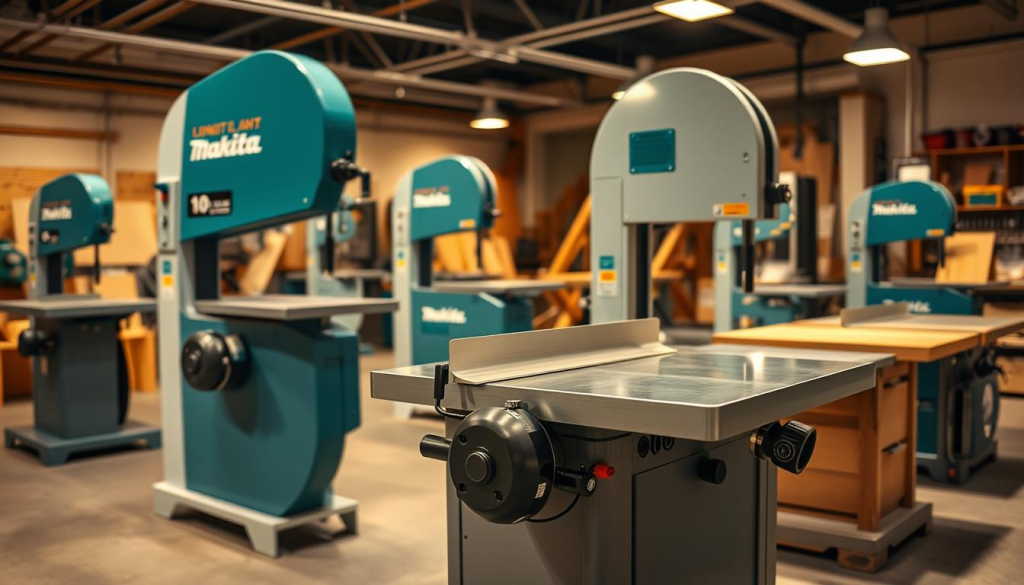 A well-lit showroom displaying an assortment of Makita band saw models, capturing their robust construction and precision engineering. In the foreground, a gleaming 10-inch band saw with a powerful motor and adjustable blade guides, ready to tackle demanding woodworking projects. In the middle ground, a larger 14-inch model showcases its expansive table and intuitive controls, while a compact 8-inch saw in the background demonstrates Makita's versatile lineup. The scene is bathed in warm, directional lighting that accentuates the machines' sleek, modern aesthetic, conveying the brand's reputation for high-quality, dependable tools.