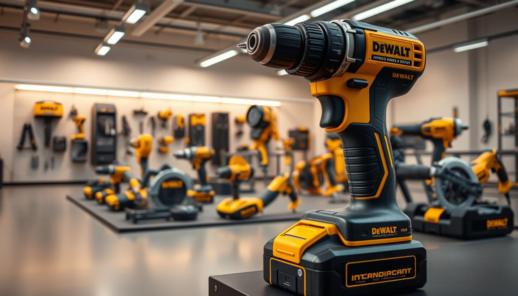 A well-lit showroom featuring the latest DEWALT power tools and equipment. In the foreground, a sleek, black-and-yellow DEWALT cordless drill is prominently displayed, its battery pack glowing with a futuristic edge. In the middle ground, an array of innovative DEWALT tools, including a high-powered impact wrench, a cordless circular saw, and a heavy-duty reciprocating saw, are arranged in a visually striking manner. The background showcases a minimalist, modern-industrial setting with clean lines and a warm, inviting ambiance, highlighting the advanced engineering and cutting-edge design of the DEWALT brand.
