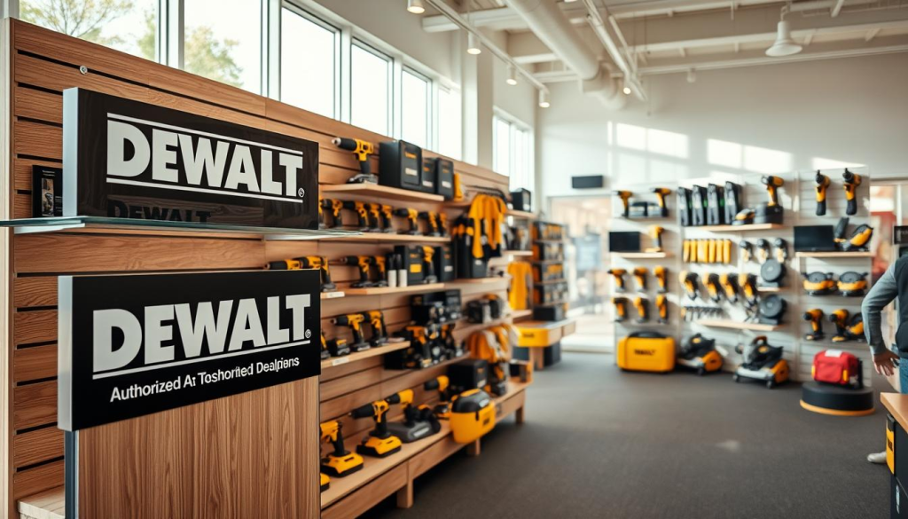 A well-lit showroom interior showcasing an array of DEWALT power tools and accessories displayed on sleek wooden shelves. The foreground features a prominent DEWALT logo sign, while the middle ground showcases various cordless drills, circular saws, and other DEWALT products arranged in an eye-catching manner. The background depicts a modern, minimalist retail environment with large windows allowing natural light to pour in, creating a warm and inviting atmosphere. The overall composition conveys a sense of professionalism, expertise, and the reliable quality associated with the DEWALT brand, highlighting its authorized dealer status.