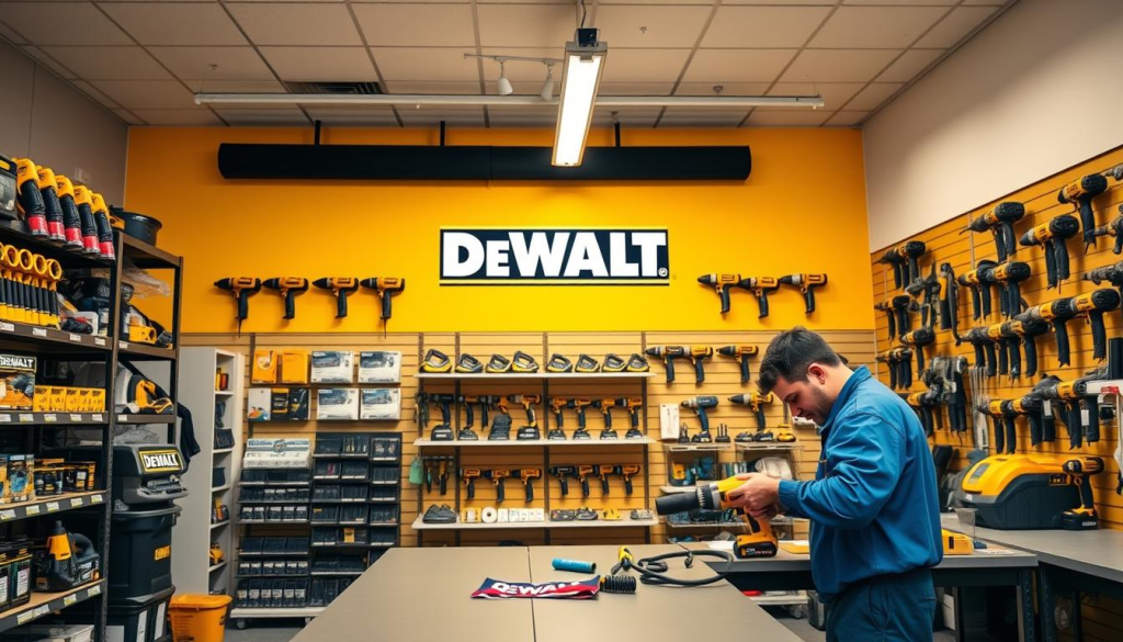 A well-lit, spacious DeWALT repair center with a professional, service-oriented atmosphere. In the foreground, a worker in a blue uniform diligently repairs a power tool on a clean, organized workbench. Shelves in the middle ground display an array of genuine DeWALT replacement parts and accessories. The background features the DeWALT logo prominently displayed, along with various power tools hung neatly on the walls, conveying the company's commitment to quality and customer service. The lighting is warm and inviting, creating a welcoming environment for customers seeking expert repairs for their trusted DeWALT equipment.