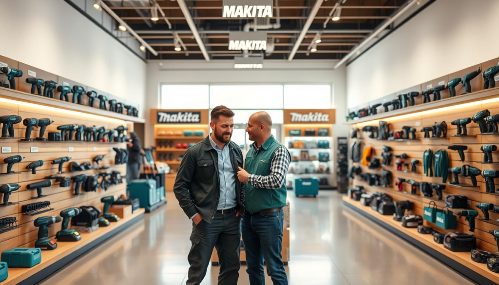 A well-lit, spacious Makita power tools store with a clean, modern interior. The showroom features a range of Makita products prominently displayed on sleek, wooden shelves. Warm lighting highlights the tools, creating an inviting atmosphere. In the middle ground, a knowledgeable sales associate assists a customer, guiding them through the various options. The background showcases the store's bright, open layout, with large windows allowing natural light to flood the space. The overall scene conveys a sense of professionalism, attention to detail, and a customer-centric experience, reflecting the high quality and reliability associated with the Makita brand.