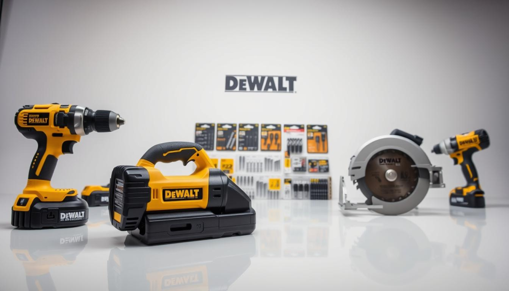 A well-lit studio display showcases an assortment of DEWALT power tools. In the foreground, a cordless drill, a jigsaw, and a circular saw sit atop a clean, reflective surface, their sleek black and yellow designs gleaming. In the middle ground, a selection of accessories like drill bits, saw blades, and impact driver bits are neatly arranged, highlighting the comprehensive DEWALT ecosystem. The background features a plain white backdrop, allowing the tools to take center stage. The scene is captured with a shallow depth of field, creating a professional, product-focused atmosphere that emphasizes the quality and capability of these DEWALT power tool offerings.