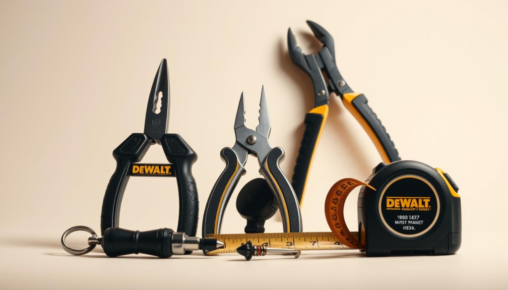 A well-lit studio photograph of a collection of DEWALT accessories, including a keychain, a screwdriver set, pliers, and a tape measure, arranged in a visually appealing composition on a clean, light-colored background. The accessories are shown in a high-quality, detailed manner, highlighting their sturdy construction and durability. The lighting is soft and diffused, creating a sense of depth and emphasizing the textures and materials of the items. The overall mood is one of professionalism, reliability, and attention to detail, reflecting the DEWALT brand identity.