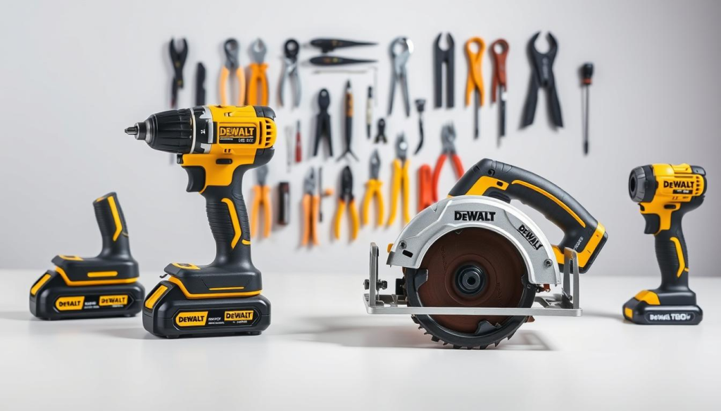 A well-lit studio photograph of a variety of DeWalt power tools and accessories, neatly arranged on a clean, white tabletop. The foreground features a prominent DeWalt cordless drill, a random orbital sander, and a circular saw, all showcasing their brand logos and design elements. In the middle ground, an assortment of DeWalt screwdrivers, pliers, and other hand tools are displayed, casting subtle shadows. The background is simple and minimalist, allowing the tools to be the focal point. The lighting is bright and even, highlighting the sleek, professional appearance of the DeWalt brand. The overall composition and styling convey a sense of quality, reliability, and the potential for significant discounts on these versatile, high-performance power tools.