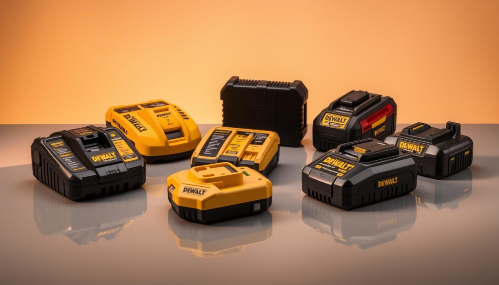 A well-lit studio photograph showcasing an array of DEWALT battery chargers, each with its own distinctive design and features. The chargers are arranged on a sleek, reflective surface, casting subtle shadows that add depth and dimension to the scene. The lighting is warm and directional, highlighting the robust build quality and premium materials used in the chargers' construction. The background is a minimalist, neutral color that allows the chargers to take center stage, inviting the viewer to examine their technical specifications and compare pricing options. The overall composition conveys a sense of professionalism, quality, and attention to detail, reflecting the reliable customer support and warranty offered by the DEWALT brand.