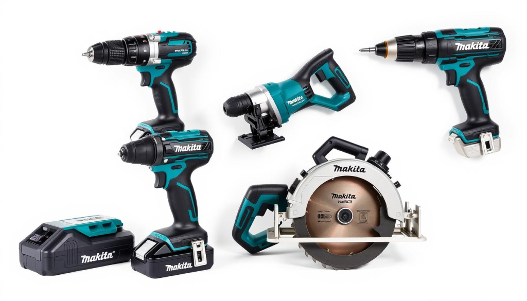 A well-lit studio photography of an assortment of Makita Maktrak cordless power tools, including a rotary hammer drill, an impact driver, and a circular saw, arranged on a clean white background. The tools have a sleek, modern design with bold Makita branding, showcasing their performance and power capabilities. Soft, directional lighting accentuates the tools' contours and metallic finishes, creating a sense of depth and clarity. The composition is balanced, with the tools arranged in a visually appealing layout that highlights their key features. An overall professional, technical, and aspirational mood is conveyed, reflecting the high-quality and reliable nature of the Makita Maktrak system.
