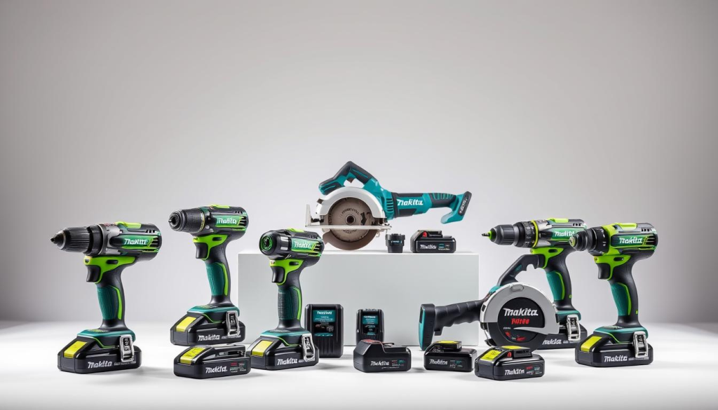 A well-lit studio photography setup showcasing a collection of Makita cordless power tools. The foreground features an array of Makita's flagship cordless drill, impact driver, and circular saw, their sleek black and lime green designs gleaming under the soft, directional lighting. In the middle ground, a Makita cordless reciprocating saw and random orbital sander are arranged alongside their accompanying batteries and chargers, creating a visually cohesive and premium-quality display. The background subtly fades into a clean, neutral backdrop, allowing the Makita tools to be the focal point and the star of the image. The overall mood is one of professionalism, quality, and customer confidence in Makita's cordless power tool lineup.