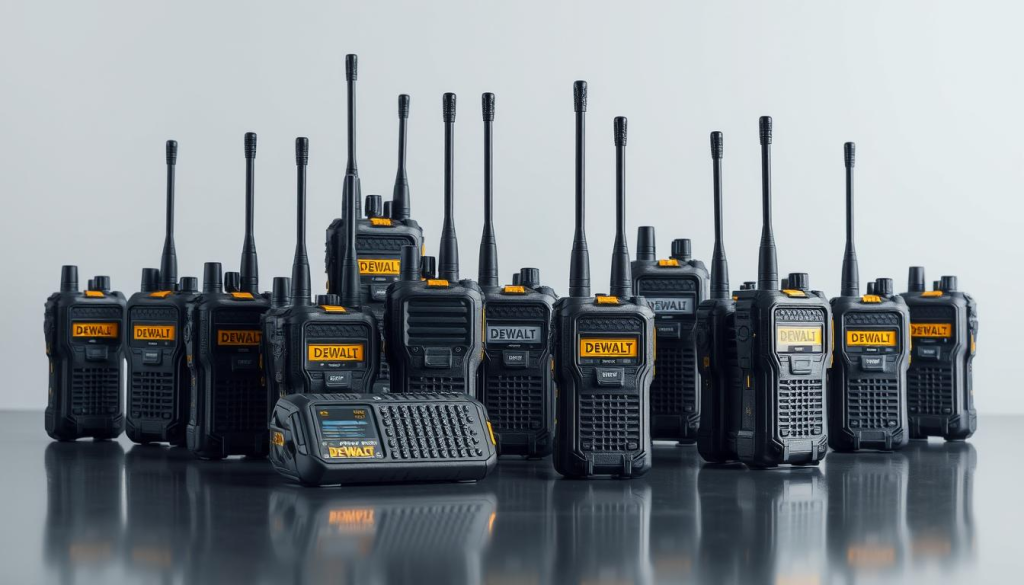 A well-lit, studio-quality photograph showcasing an array of DeWalt radio models in a clean, minimalist setting. The radios are placed on a smooth, reflective surface, allowing their robust, industrial design to take center stage. Soft, directional lighting emphasizes the textured surfaces and metal accents, creating a sense of depth and dimension. The radios are arranged in a visually appealing, symmetrical layout, allowing the viewer to easily compare the various sizes and features. The background is a simple, neutral tone, ensuring the focus remains on the products. The overall mood is one of professionalism, quality, and technical precision, reflecting the DeWalt brand identity.