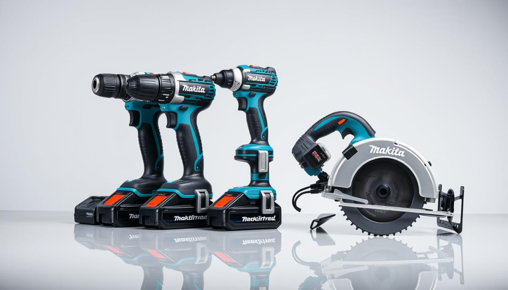 A well-lit, studio-quality product photography shot of a lineup of Makita LXT cordless power tools, including a drill, impact driver, and circular saw, arranged neatly on a sleek, reflective surface. The tools are showcased against a plain, neutral background, allowing the focus to be on the high-quality, durable construction and branding of the Makita LXT line. The image should convey a sense of professionalism, attention to detail, and the superior performance and value proposition of the Makita LXT tools compared to other brands.