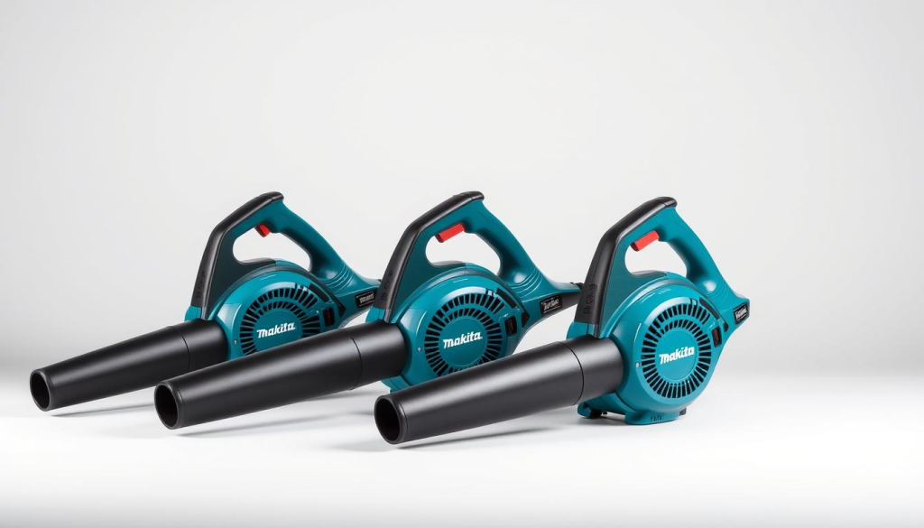 A well-lit studio scene featuring a row of three Makita cordless leaf blower models, presented in a side-by-side comparison. The blowers are positioned on a clean, minimalist white surface, allowing their distinct designs and features to be clearly visible. Soft, directional lighting accentuates the sleek lines and textures of the machines, creating a sense of depth and highlighting their premium construction. The models are arranged in a manner that allows for easy visual comparison, showcasing their differences in size, air volume, and ergonomic details. The background is a simple, uncluttered gray, keeping the focus solely on the Makita blowers and their comparative analysis.