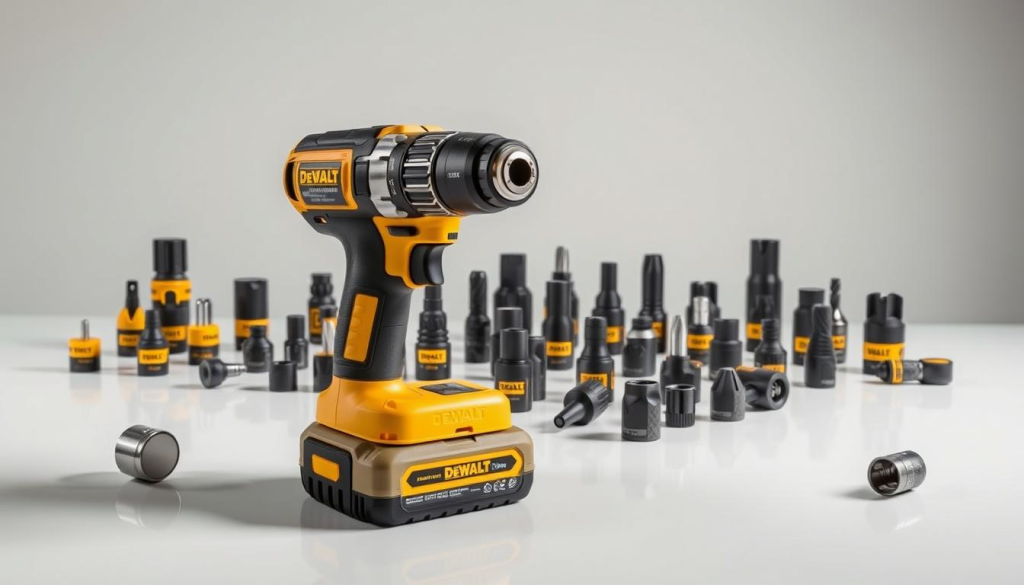 A well-lit studio scene showcasing a collection of DeWalt keyless chuck models. In the foreground, a central DeWalt cordless drill with a sleek black and yellow design, its keyless chuck prominently displayed. Around it, an array of other DeWalt keyless chuck models in various sizes and configurations, arranged neatly on a clean, reflective surface. The middle ground features a neutral background, allowing the tools to take center stage. The lighting is soft and directional, accentuating the textures and details of the chucks. The overall mood is one of professionalism and technical precision, highlighting the versatility and functionality of these DeWalt power tool accessories.