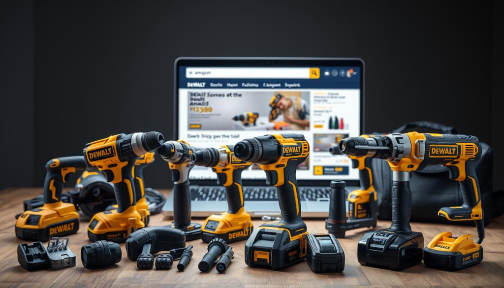 A well-lit studio scene showcasing an array of DEWALT power tools and accessories neatly arranged on a wooden surface. The tools are prominently displayed, their metallic bodies reflecting the soft, diffused lighting. In the background, an e-commerce platform's website is visible on a laptop screen, highlighting DEWALT's competitive pricing and discounts. The overall composition conveys the affordability and value proposition of DEWALT tools on the Amazon marketplace.