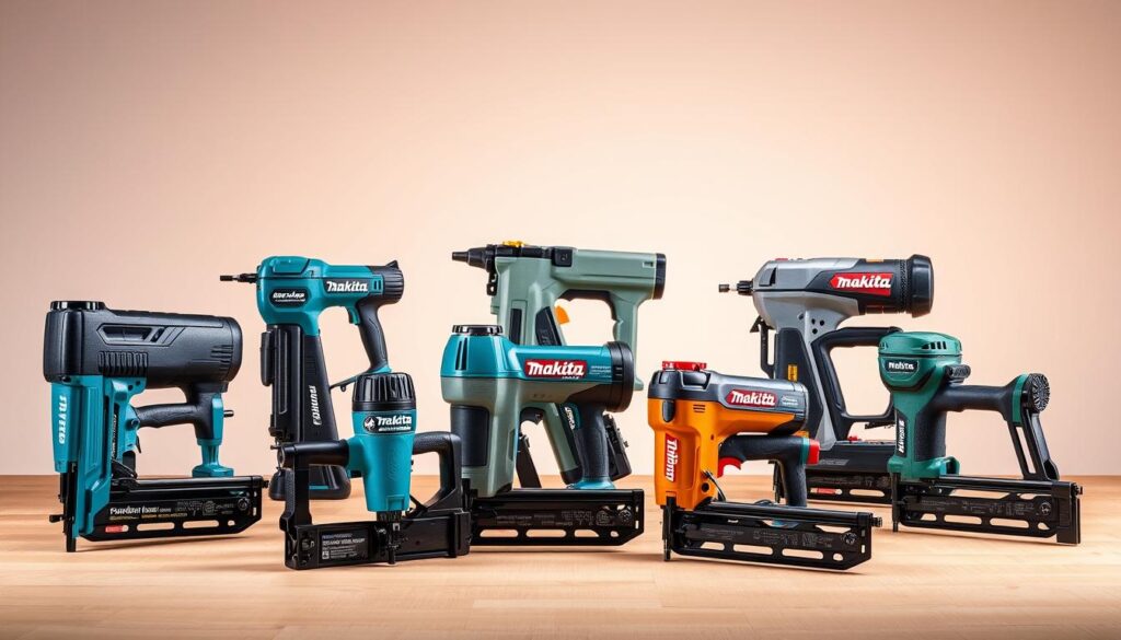 A well-lit studio scene showcasing an array of Makita power nailers. In the foreground, a variety of nail guns are displayed on a clean, wooden surface, including a Makita cordless finish nailer, a framing nailer, and a pin nailer. The middle ground features a Makita pneumatic brad nailer and a roofing nailer, their sleek designs and vibrant Makita branding prominently visible. In the background, a softly-lit wall serves as a neutral backdrop, allowing the tools to take center stage. The overall composition emphasizes the diverse Makita nailer lineup, with careful attention to lighting and angles to highlight the key features of each model.