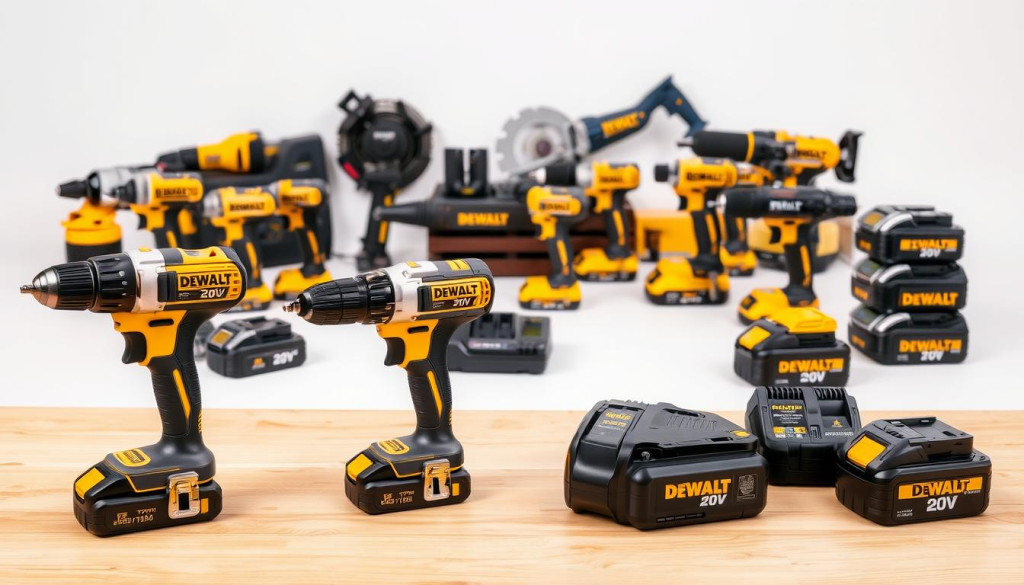 A well-lit studio scene showcasing an assortment of DEWALT 20V power tools. In the foreground, a sleek cordless drill and impact driver sit on a wooden workbench, their metallic finishes gleaming under the soft lighting. Behind them, a selection of other DEWALT 20V tools, including a circular saw, reciprocating saw, and angle grinder, are arranged neatly, highlighting their compact and ergonomic designs. The middle ground features a battery charger and a stack of additional batteries, emphasizing the versatility and convenience of the 20V system. The background is a clean, minimalist setting, allowing the tools to take center stage and showcase their high-quality craftsmanship and advanced technology.