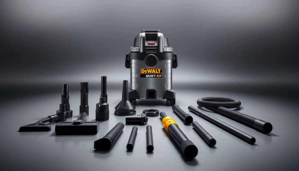 A well-lit studio scene showcasing an assortment of DEWALT quiet vacuum accessories. In the foreground, a selection of various nozzle attachments, crevice tools, and extension wands are arranged neatly on a sleek, gray surface. The middle ground features the main DEWALT quiet vacuum cleaner unit, its compact and streamlined design highlighted by soft, directional lighting. In the background, a subtle gradient backdrop subtly accentuates the professional, industrial aesthetic. The overall mood is one of precision, utility, and quiet efficiency, reflecting the core features of the DEWALT quiet vacuum system.