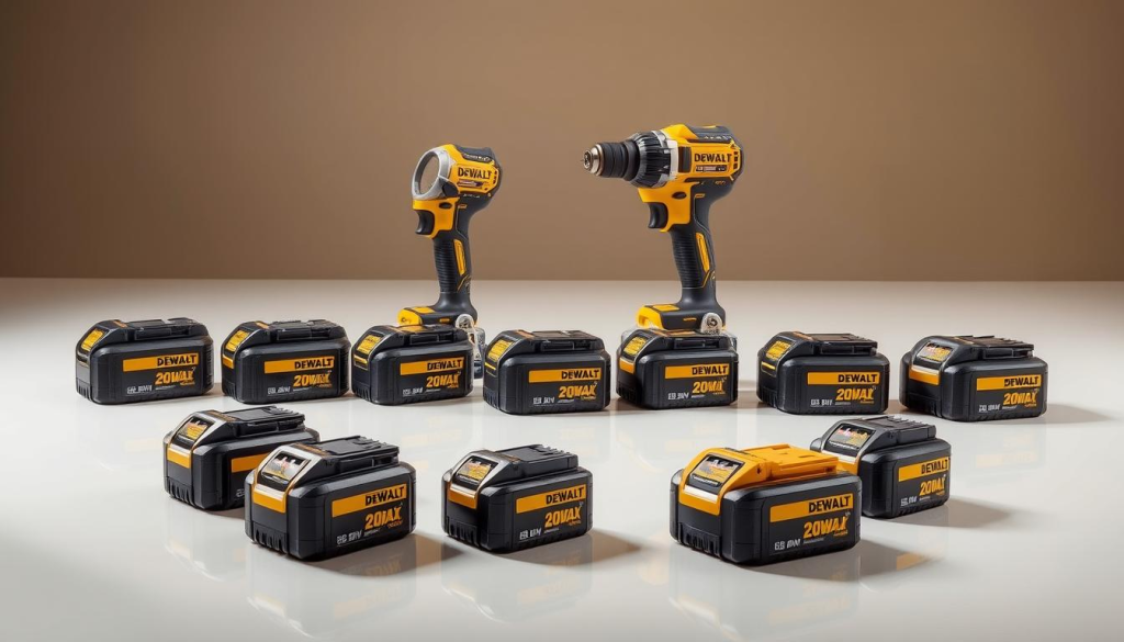 A well-lit studio scene showcasing an assortment of DeWalt battery replacement options. In the foreground, a selection of DeWalt 20V MAX* and 60V MAX* lithium-ion batteries are displayed on a sleek, reflective surface. The batteries are arranged in a visually appealing manner, highlighting their distinctive shapes and sizes. In the middle ground, a DeWalt cordless power tool, such as a drill or impact driver, is positioned alongside the batteries, demonstrating their interchangeability. The background features a clean, minimalist setting with muted colors, allowing the batteries and power tool to take center stage. Soft, directional lighting accentuates the curves and textures of the products, creating a sense of depth and emphasizing their premium quality.