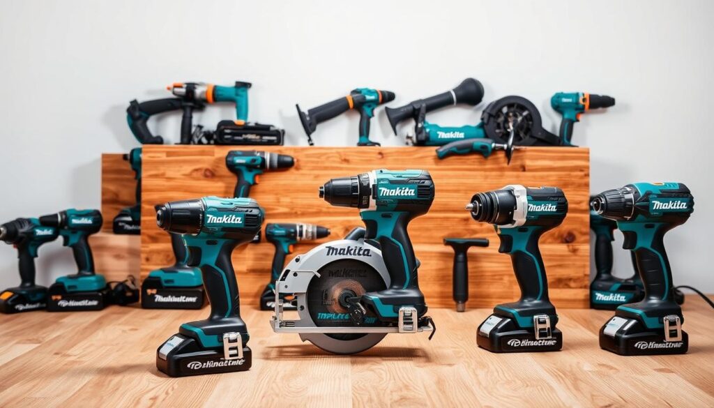 A well-lit studio scene showcasing an assortment of Makita 18V power tools. In the foreground, a cordless drill, impact driver, and circular saw stand prominently, their sleek black and teal bodies gleaming under soft lighting. Behind them, a variety of other Makita 18V tools are neatly arranged, including a reciprocating saw, angle grinder, and rotary hammer drill. The middle ground features a textured wooden surface, casting warm tones and shadows that complement the cool-toned tools. In the background, a simple white backdrop provides a clean, professional setting to highlight the comprehensive range of Makita's 18V power tool lineup.