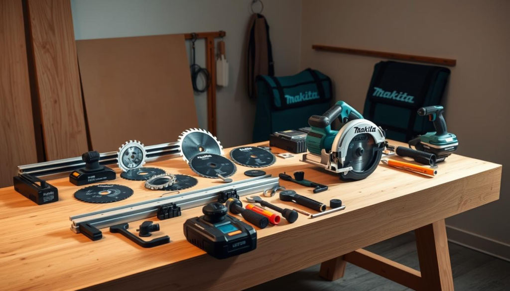 A well-lit studio scene showcasing an assortment of Makita circular saw accessories neatly arranged on a sleek, modern wooden workbench. The accessories, including blades, guide rails, dust bags, and wrench tools, are displayed with meticulous attention to detail, highlighting their high-quality craftsmanship and compatibility with Makita's cordless circular saw. The scene is captured from a slightly elevated perspective, creating a sense of depth and emphasis on the versatility and cohesive design of the Makita ecosystem. Soft shadows and warm, diffused lighting contribute to a professional, yet inviting atmosphere, perfectly suited for illustrating the "Accessories and Add-Ons" section of the article.