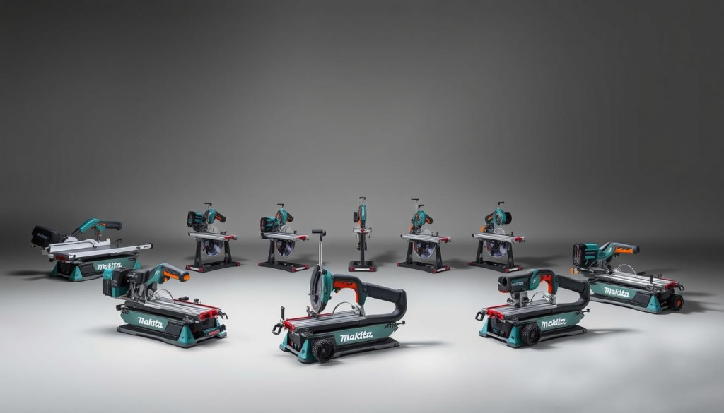 A well-lit studio scene showcasing an assortment of Makita track saw models. The foreground features the latest premium models in various colors, their sleek designs and durable build quality prominently displayed. In the middle ground, several mid-range models are arranged, highlighting their versatile features and accessories. The background softly fades into a neutral grey backdrop, allowing the tools to be the focal point. Crisp, high-resolution textures and carefully considered angles convey the precision engineering and premium craftsmanship of the Makita track saw lineup. The overall mood is one of professional-grade power tools, ready to tackle the most demanding woodworking projects.