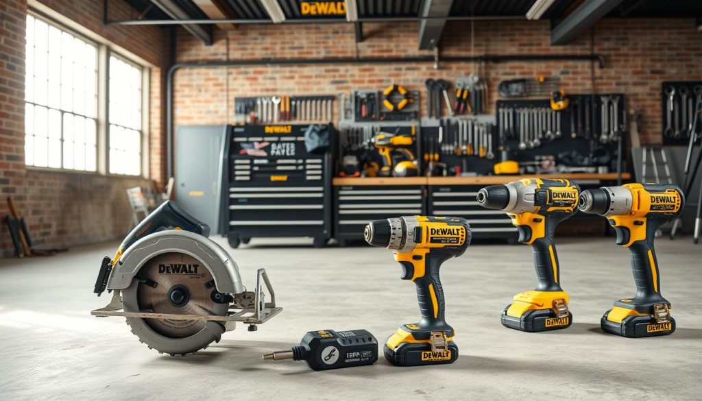 A well-lit studio scene showcasing an assortment of high-quality DEWALT power tools, hand tools, and accessories made in the USA. The foreground features a sturdy DEWALT circular saw, cordless drill, and impact wrench with metallic finishes and bold DEWALT branding. In the middle ground, a DEWALT tool chest, toolbox, and workbench hold an array of DEWALT wrenches, screwdrivers, and other tools. The background depicts a clean, modern workshop setting with concrete floors, exposed brick walls, and ample natural lighting streaming in through large windows. The overall scene conveys the durability, reliability, and American craftsmanship of DEWALT's USA-made tools.