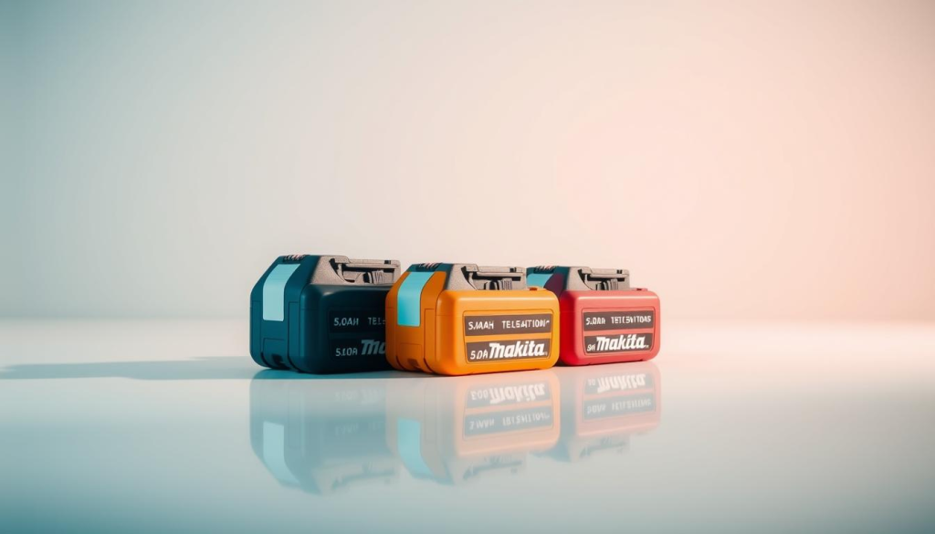 A well-lit studio scene showcasing three Makita 5.0Ah batteries of varying colors, placed side by side on a clean, reflective surface. The batteries are presented at an angle, casting subtle shadows that add depth and dimension. The lighting is soft and diffused, accentuating the sleek, modern design of the batteries. The background is a plain, neutral color that allows the batteries to be the focal point. The composition is balanced and visually appealing, inviting the viewer to closely examine and compare the different battery options.