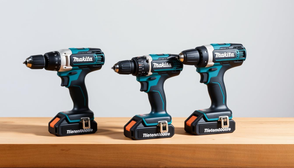 A well-lit studio setting showcasing a trio of Makita impact drills, arranged neatly on a wooden workbench. The drills are prominently displayed, allowing for a side-by-side comparison of their distinct features, such as variable speed settings, battery capacities, and ergonomic grips. Soft shadows cast by the drills create a sense of depth and dimensionality, highlighting the subtle textures and materials used in their construction. The background is clean and uncluttered, with a subtle gradient that draws the viewer's attention to the power tools at the forefront. The overall composition conveys a sense of professionalism and attention to detail, perfectly suited for the article's section on comparing Makita impact drills to other brands.