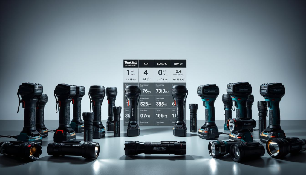 A well-lit studio setting showcasing an array of Makita flashlights in the foreground, arranged in a visually appealing manner to allow for easy comparison. The flashlights should be shown from various angles, highlighting their distinct design features and ergonomics. In the middle ground, display the flashlights side-by-side with their key specifications, such as lumens, battery life, and charging capabilities, presented in a clear and concise manner. The background should feature a clean, neutral backdrop that allows the flashlights to take center stage, conveying a sense of professionalism and attention to detail. The overall mood should be one of technical precision and product expertise, inviting the viewer to closely examine and compare the Makita flashlights against their competitors.