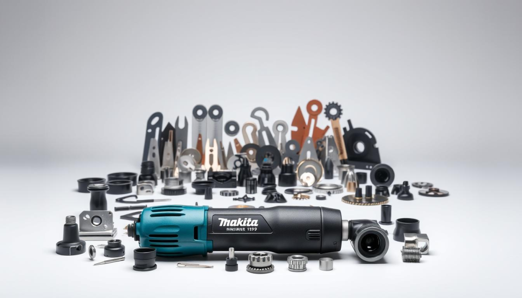 A well-lit studio setting showcasing an assortment of high-quality Makita nibbler accessories. In the foreground, a Makita nibbler tool sits prominently, surrounded by various cutting blades, replacement parts, and specialized attachments. The middle ground features a collection of these accessories neatly arranged, highlighting their precision engineering and durable construction. In the background, a clean, minimalist backdrop emphasizes the professional, industrial nature of the tools. The lighting is soft yet directional, casting subtle shadows and accentuating the metallic finishes of the accessories. The overall composition conveys the essential role these Makita nibbler tools and parts play in the metal-cutting process.