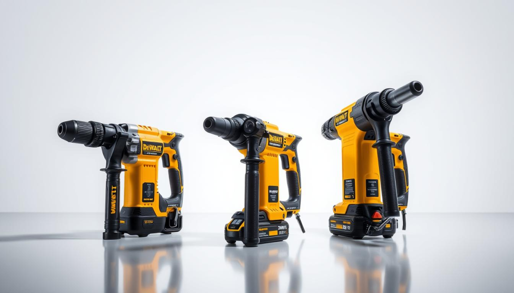 A well-lit studio setting, with a clean, minimalist background. In the foreground, three DeWalt hammer drills are neatly arranged, showcasing their distinct designs and features. The drills are illuminated with a soft, directional light, emphasizing their textures, materials, and subtle details. The middle ground features a reflective surface, creating a sense of depth and allowing the viewer to appreciate the drills from multiple angles. The overall mood is one of precision, professionalism, and technical excellence, aligning with the subject matter and the section title "Comparison of Core Models".