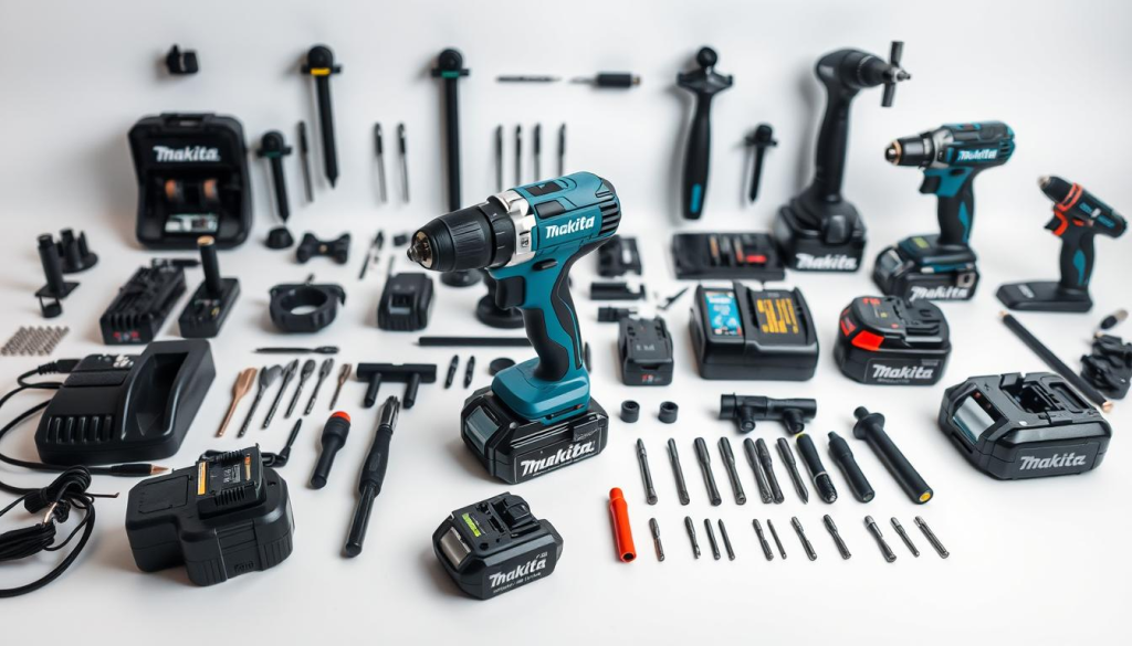 A well-lit studio setup with a Makita cordless power drill and an assortment of its accessories laid out on a clean white surface. The drill is positioned prominently in the foreground, showcasing its sleek design and powerful features. Surrounding it are various drill bits, screwdriver attachments, battery packs, and other compatible accessories, arranged in an organized and visually appealing manner. The lighting is soft and diffused, creating a professional and high-quality look. The entire scene is captured from a slightly elevated angle, providing a comprehensive view of the Makita cordless drill ecosystem. The mood is one of precision, versatility, and the tools' ability to handle a wide range of DIY and professional tasks.