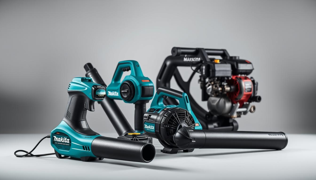 A well-lit studio shot capturing a diverse lineup of Makita leaf blowers, showcasing their distinctive designs and features. In the foreground, a corded electric model with a sleek, ergonomic profile stands prominently, its powerful air output evident. Behind it, a cordless battery-powered variant, its compact size and lightweight construction accentuated. In the middle ground, a heavy-duty gas-powered model commands attention, its muscular build and impressive airflow capabilities on full display. The background is slightly blurred, but hints at the versatile applications of these Makita tools, from residential to commercial use. The overall composition emphasizes the technological advancements and performance capabilities of this renowned brand's leaf blower lineup.