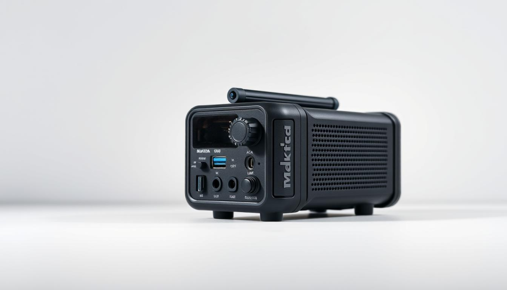 A well-lit studio shot of a Makita radio showcasing its various connectivity options, including Bluetooth, USB, and AUX ports. The radio is positioned on a clean, minimalist surface, allowing the focus to be on the ports and controls. The image has a sleek, modern aesthetic with a slight angle to highlight the intuitive layout of the connectivity features. The lighting is soft and directional, casting subtle shadows that accentuate the product's design. The overall mood is professional and informative, reflecting the reliable and versatile nature of the Makita radio.