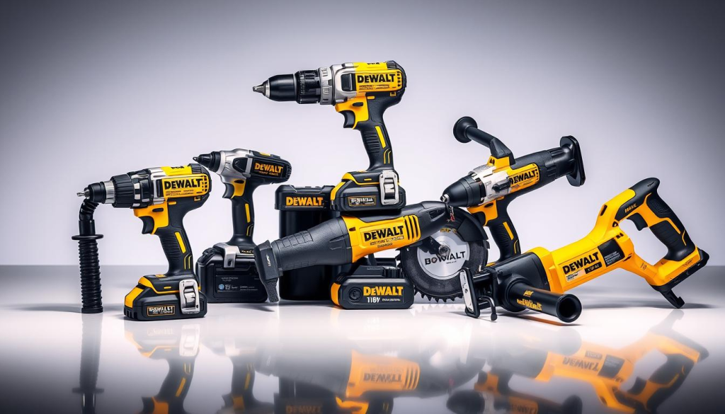 A well-lit studio shot of a variety of DEWALT 18V cordless power tools, including a drill, impact driver, angle grinder, and reciprocating saw, arranged artfully on a clean, reflective surface. The tools have a sleek, modern design with the iconic DEWALT yellow and black color scheme. Soft shadows and highlights create depth and dimension, showcasing the tools' features and materials. The lighting is balanced, with a slight vignette effect to draw the viewer's attention to the central arrangement. The overall composition is visually striking and highlights the versatility and quality of DEWALT's 18V cordless tool lineup.