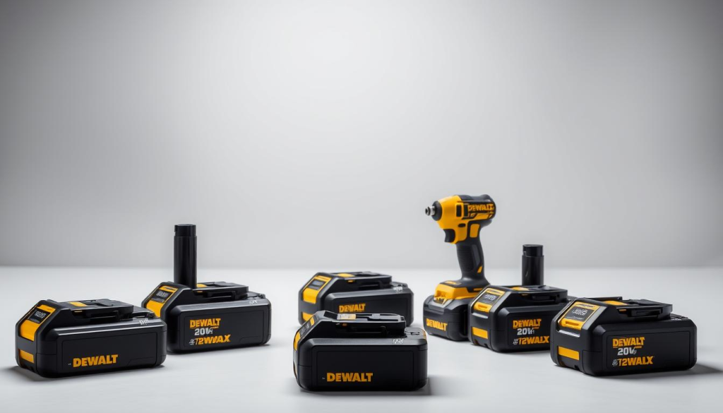 A well-lit studio shot of an arrangement of DeWalt 20V MAX battery series, including the most popular models. The batteries are neatly positioned in the foreground, showcasing their sleek black and yellow design. In the middle ground, a subtle background of grey and white tones creates a clean, professional look. The lighting is soft and diffused, highlighting the batteries' contours and branding. The overall composition conveys a sense of high-quality craftsmanship and technological sophistication, befitting the subject of the article's "Battery Series Overview" section.