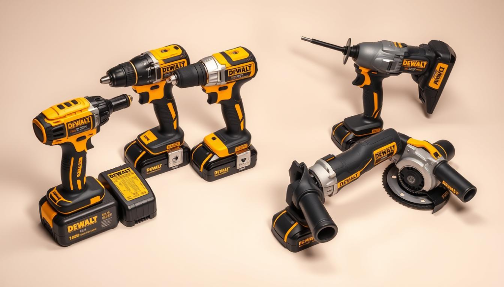 A well-lit studio shot of an assortment of DEWALT cordless power tools, including a powerful impact driver, a compact drill, a reciprocating saw, and a high-torque angle grinder, all arranged on a clean, neutral-colored surface. The tools have a sleek, modern design with the iconic DEWALT yellow and black color scheme. Shadows and highlights accentuate the tools' details, showcasing their rugged construction and professional-grade features. The overall composition conveys the versatility and reliability of DEWALT's cordless power tool lineup, suitable for a wide range of DIY and industrial applications.